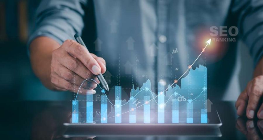 SEO performance going up on a analysts blue colored graph