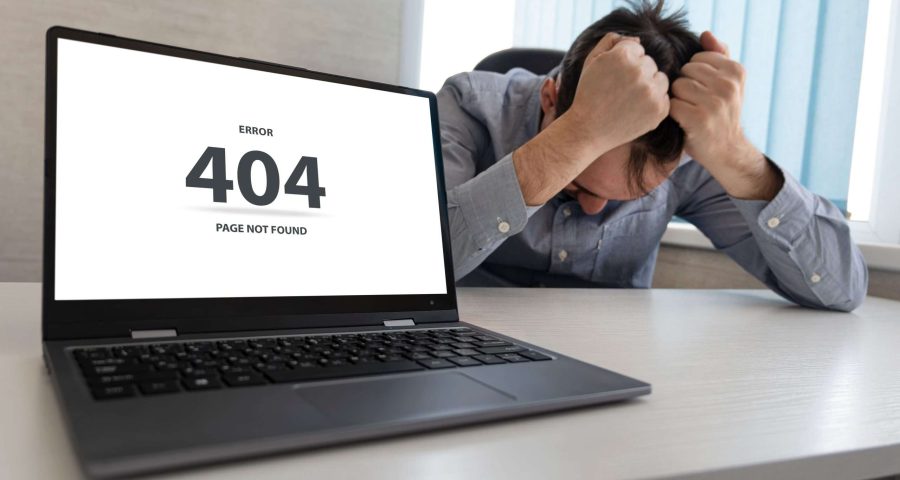 404 error on a website upsetting a man who is frustrated in the back