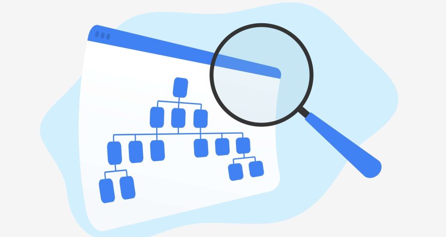sitemap graphic with a magnifying glass