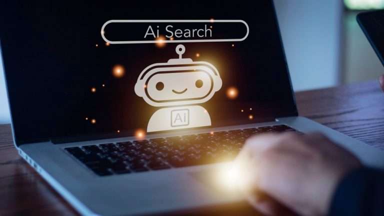 A person types on a computer with an AI search robot illustration displayed on the screen