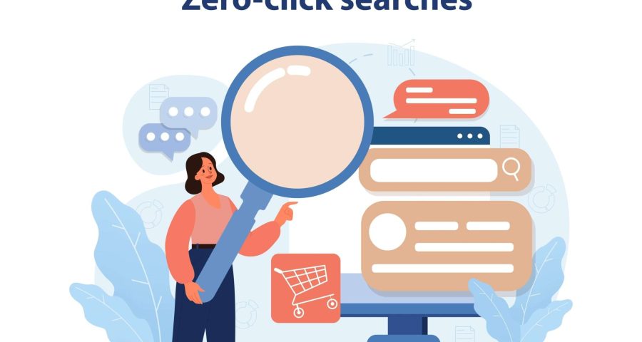 zero-click searches cartoon graphic with woman holding magnifying glass