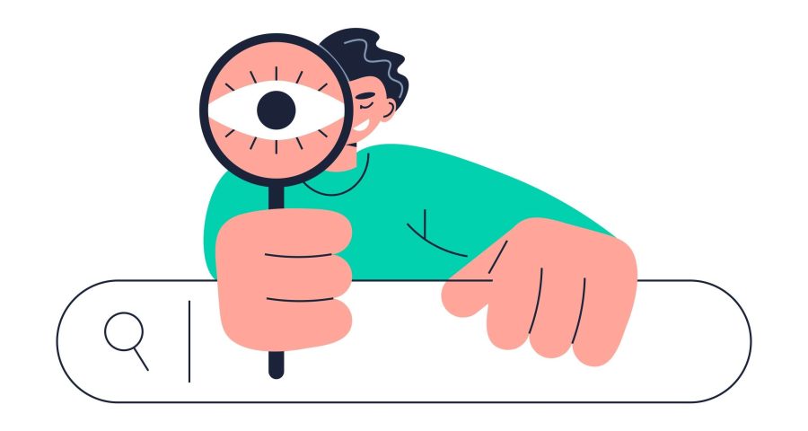 A photo of a user looking up "keywords"