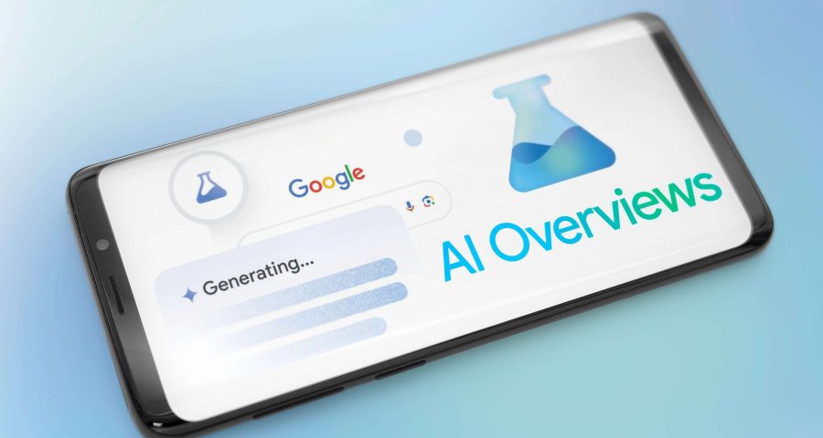 a photo of a phone with the sentence "AI overview" on its screen