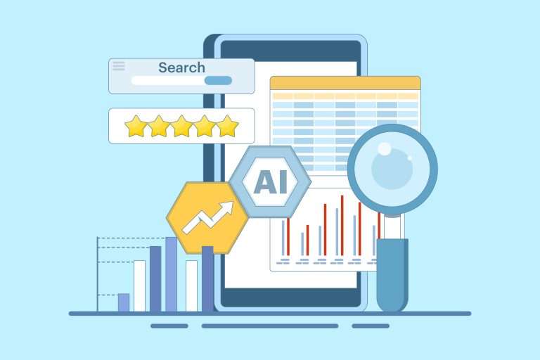 light blue AI graphic with bar graphs, magnifying glass, search bars, and gold stars
