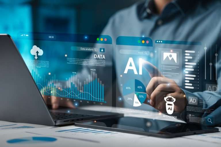 Businessman analyzes data using AI technology to work with tools. Utilizing a laptop with digital images popping out of it