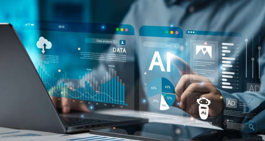 Businessman analyzes data using AI technology to work with tools. Utilizing a laptop with digital images popping out of it