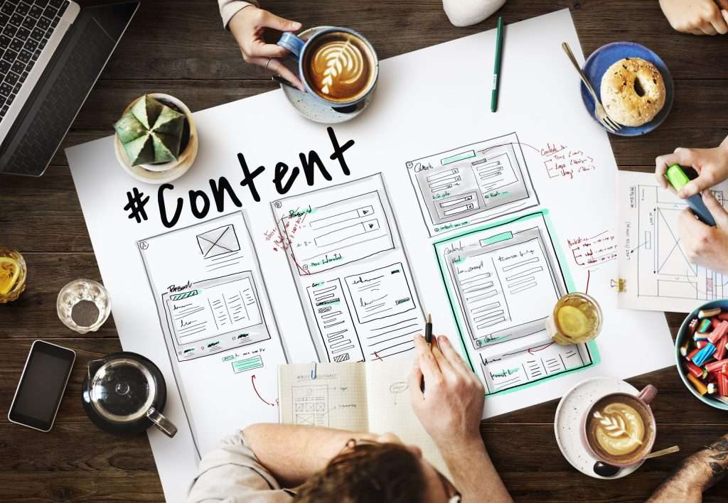 #content written on a large piece of paper with a team working on content plans