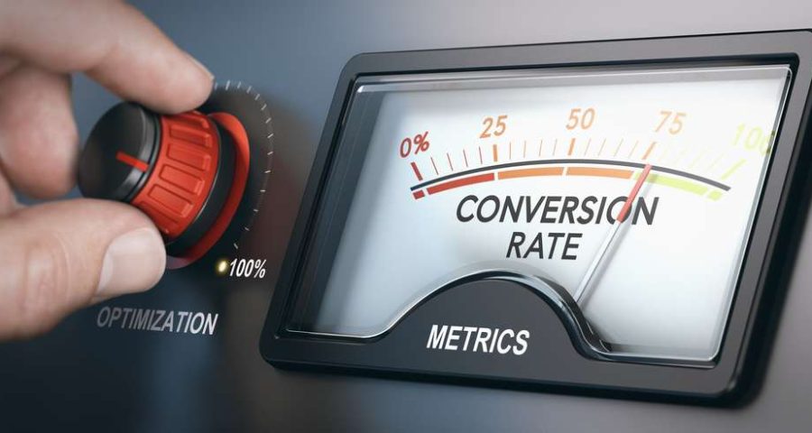 An illustration of a person turning a red knob with a makeshift speedometer on the right. Instead of tracking speed, this measures conversion rates, which are meant to represent website conversions to a business.
