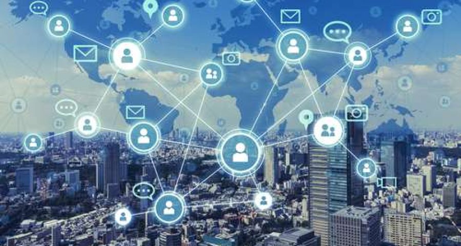 web of different social profiles over a city.